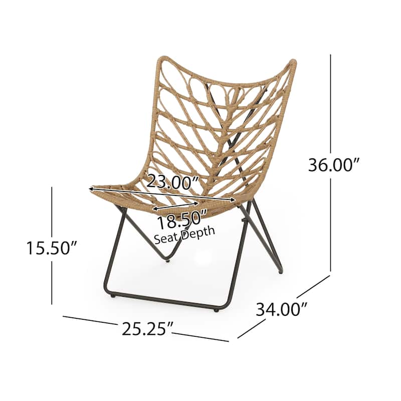Fordy Outdoor Chair Set of 2, Curved Seat, Brown Rattan, Black Metal