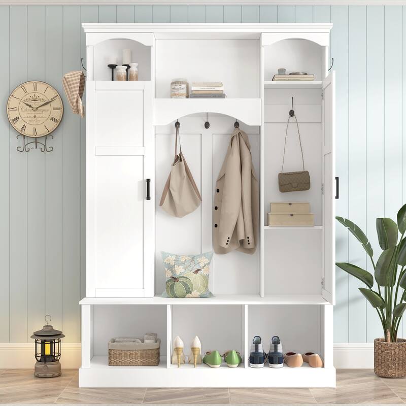 Modern Hall Tree with Adjustable Shelves Dual Cabinets Bench Entryway Organizer