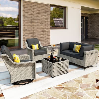 OVIOS 6 Pieces Outdoor Wicker Swivel Chair Set With Solar-Powered Coffee Table