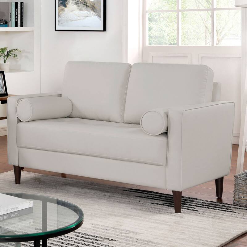 Contemporary Style Off-White Leatherette Upholstered Loveseat with Bench-style Seating and Bolster Pillows