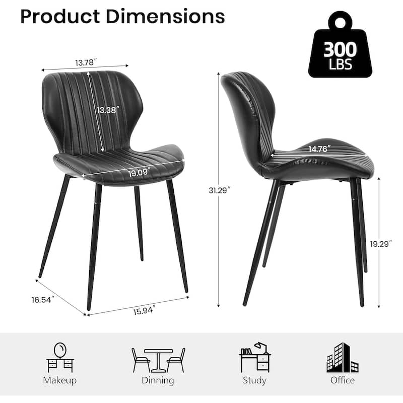 Mid Century Modern Upholstered PU-Dining Chairs with Metal Legs, Set of 2, Black