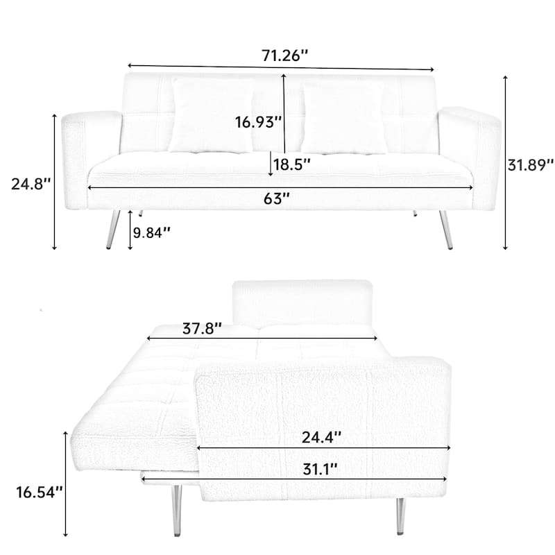 71.7 - Teddy Fleece Sofa Bed, accompanied by two charming throw pillows