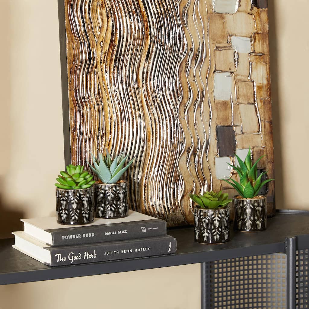 Green Faux Foliage Succulents Artificial Plant with Realistic Leaves and Patterned Porcelain Pot (Set of 4 or 2)