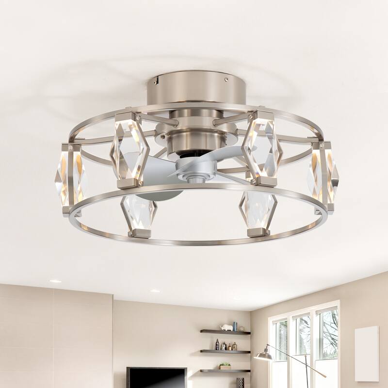 20.8" Flush Mount Crystal Ceiling Fan with Dimmable LED Light and Remote - Stain Nickel 