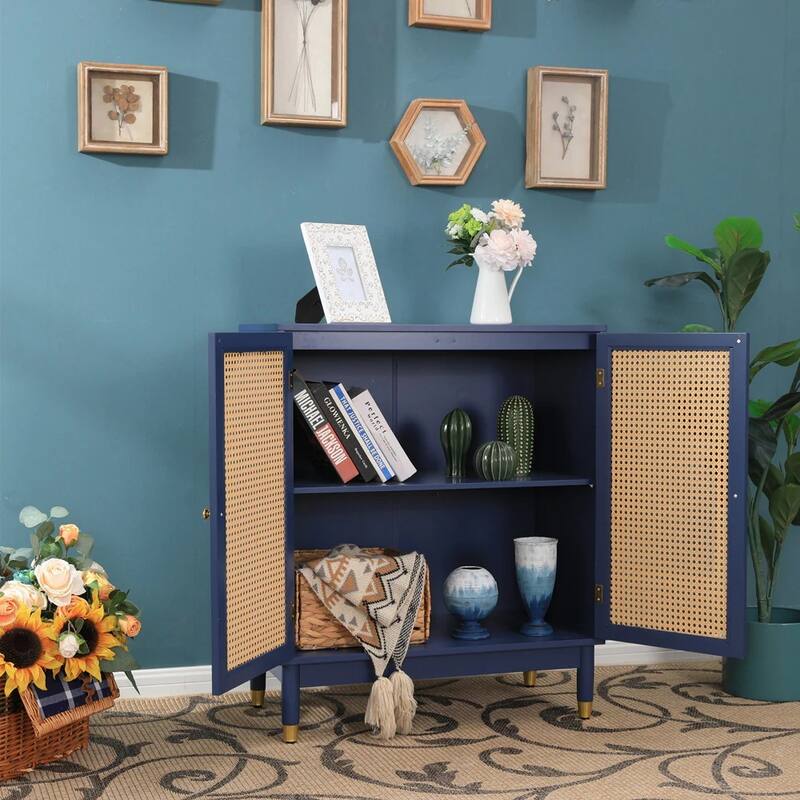 Blue Storage Cabinet with Rattan Doors and Adjustable Shelves