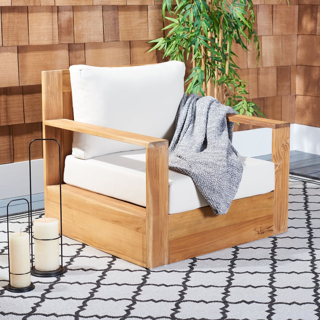 SAFAVIEH Couture Melina Brazil Teak Patio Chair - 37 In W x 33 In D x 24.5 In H. - 37"W x 33"D x 25"H
