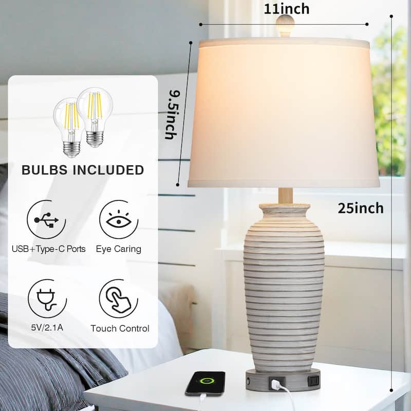 Set of 2 White Resin Table Lamps with 3-Way Dimmable Touch Control, USB/Type-C Ports, and AC Outlet - 13'' X 13'' X 25''