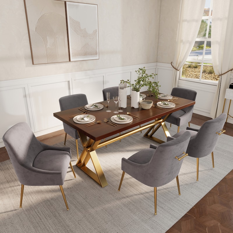 7-Piece Clihome Walut Wood Table with Velvet Chair Dining Chair - Grey