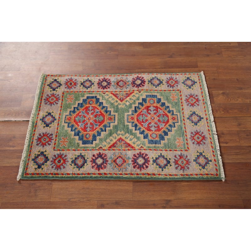 Green Geometric Kazak Accent Rug Hand-Knotted Wool Carpet - 2'0"x 2'11"