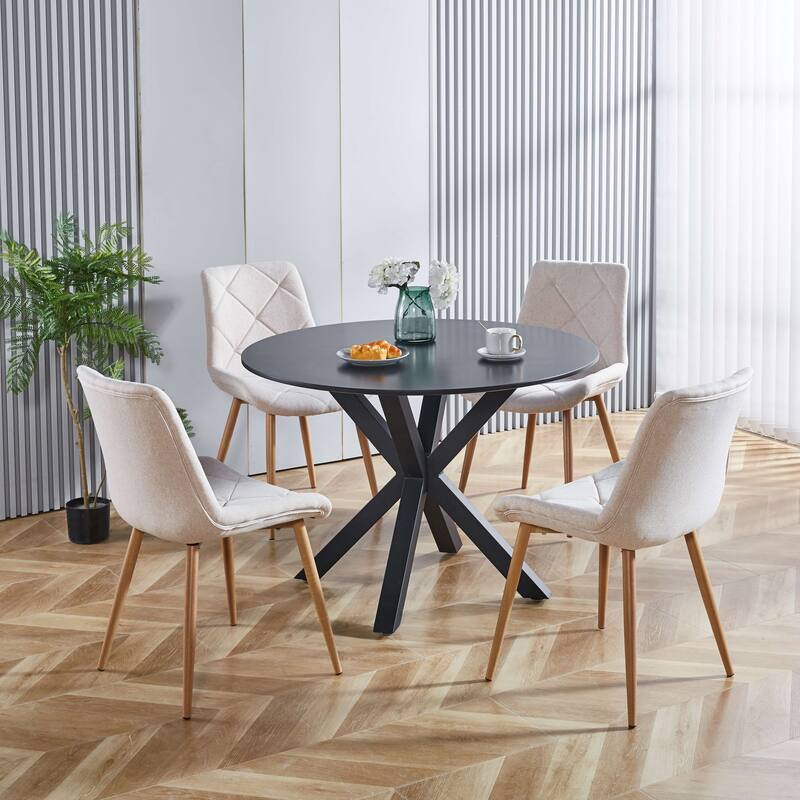 Round Dining Table for 4-6 People, Kitchen Dining Table with MDF Table Top & Metal Cross Legs, Mid-Century Leisure Coffee Table