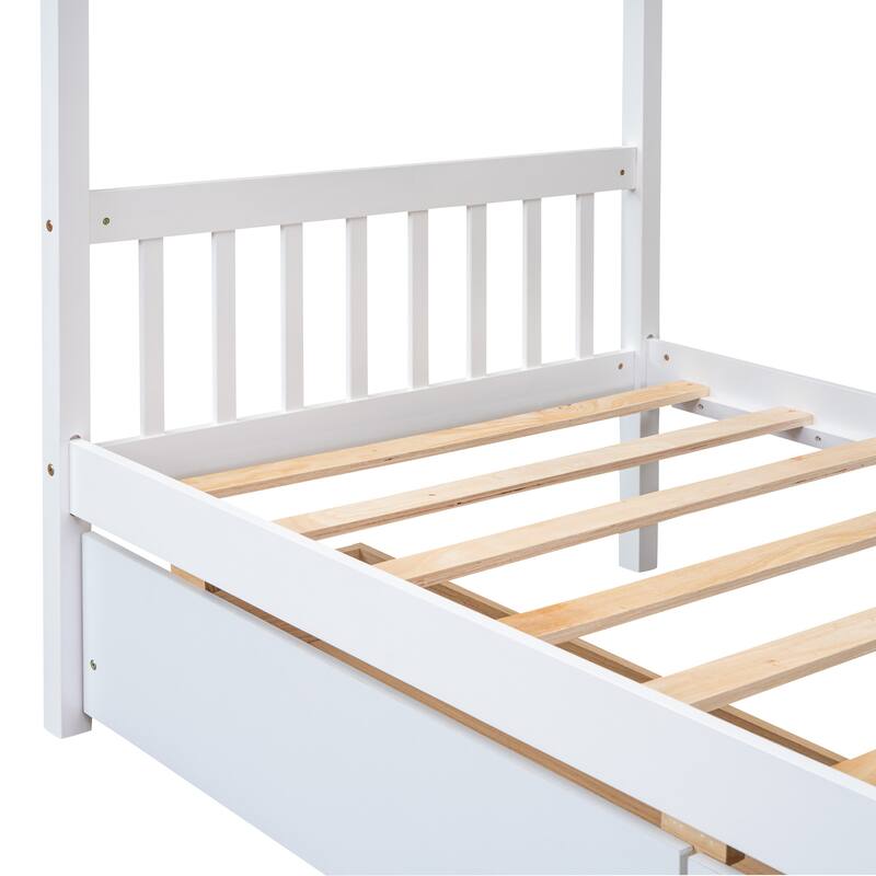 Kids Playhouse Bed Platform Bed with 2 Drawers and Roof, Sturdy Wooden Daybed for Kids, Easy Assembly, No Box Spring Needed
