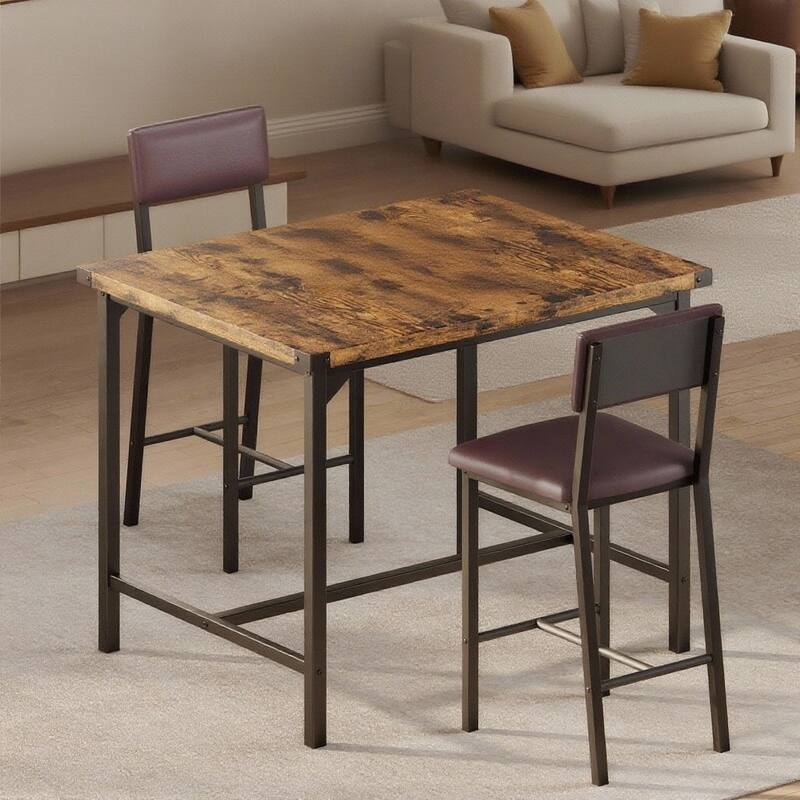 3-Piece Kitchen Table Set, with 2 Upholstered Bar Stools - Rustic Brown