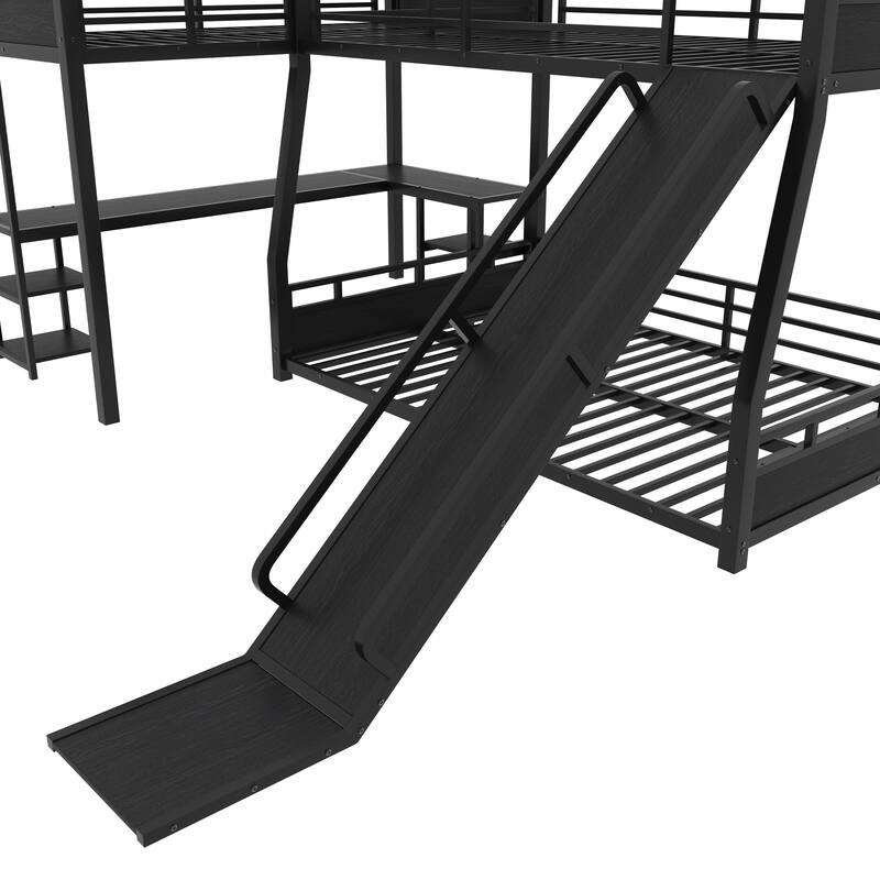 L-shaped Triple Bunk Bed with Corner Desk and Open Shelves, Metal Bedframe with Twin XL Loft Bed and Full over Queen Bunk Bed