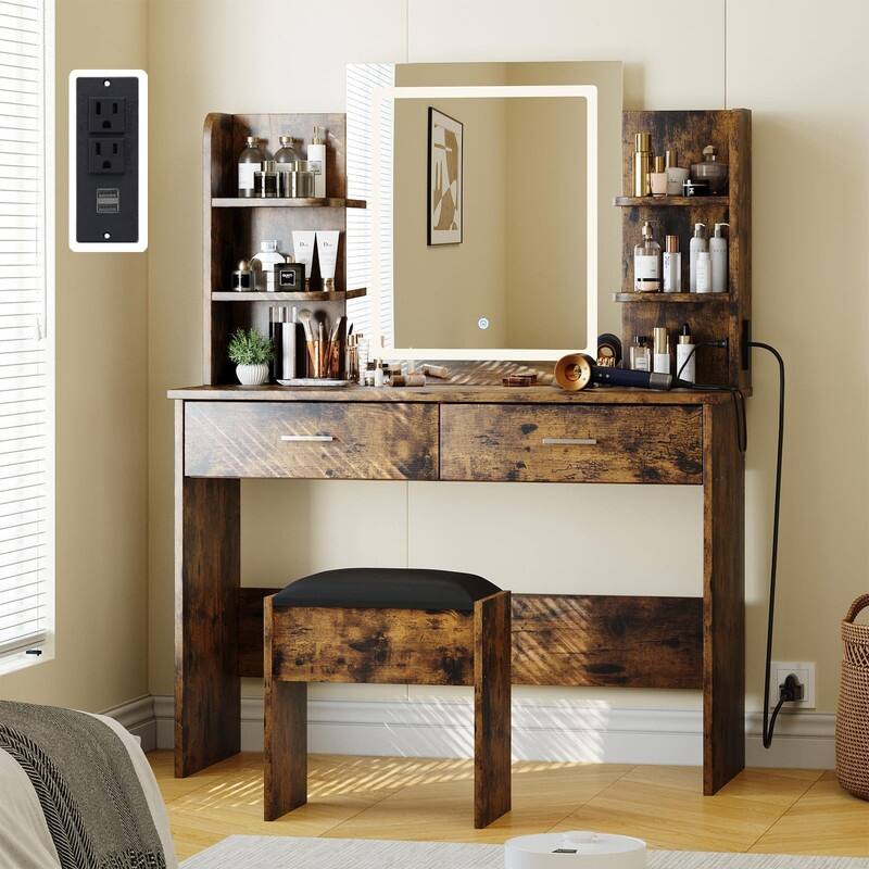 Makeup Vanity Set with Mirror, Stool， Charging Station， 2 Drawers, 6 Shelves