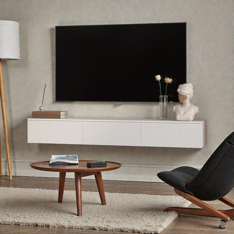 65" Floating TV Stand Wall Mounted with 16 Color LED Lights, Modern TV Cabinet for 55-65 Inch TVs