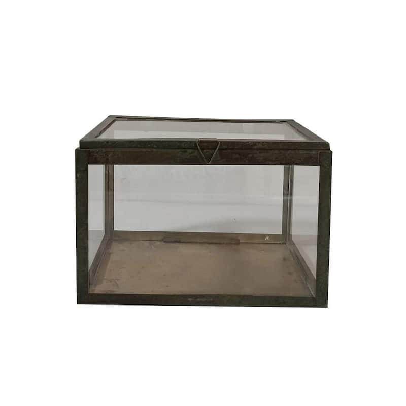 Iron & Glass Decorative Box Green Patina Dia 10.2" & H 6.7"