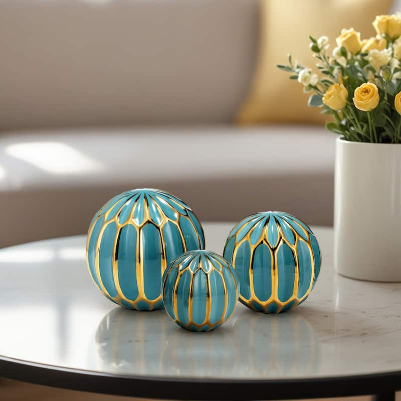 Accented Abstract Modern Coastal Decorative Orbs Set of 3 - 6" x 6" x 6" - Geometric Blue