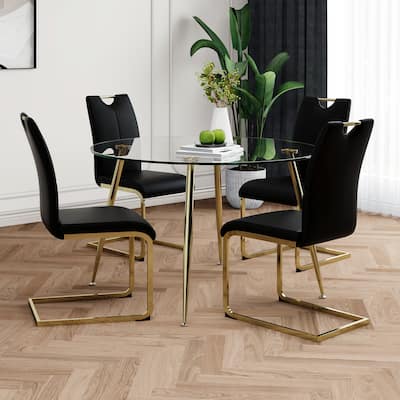 47.2" Luxury Glass Dining Table Set for 4, Circle Kitchen Table with 4 PU Chairs, 5-Piece Modern Dining Table and Chair Set