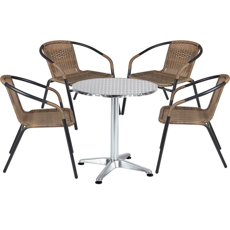BTEXPERT Indoor Outdoor 23.75" Round Restaurant Table Steel Aluminum + 4 Brown Restaurant Rattan Stack Chairs - Brown