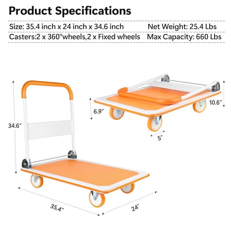 Platform Hand Truck Large Foldable Dolly Cart 360 Degree Swivel Wheels - Weight Capacity:660lbs