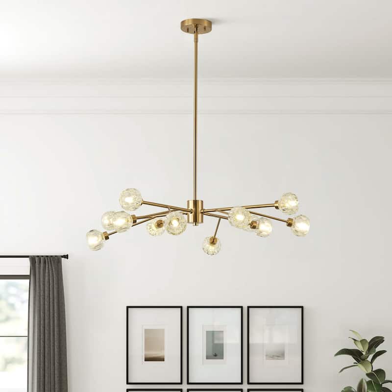 Mid-Century Modern Brass 12-Light Clear Glass Sputnik Chandelier for Dining Room