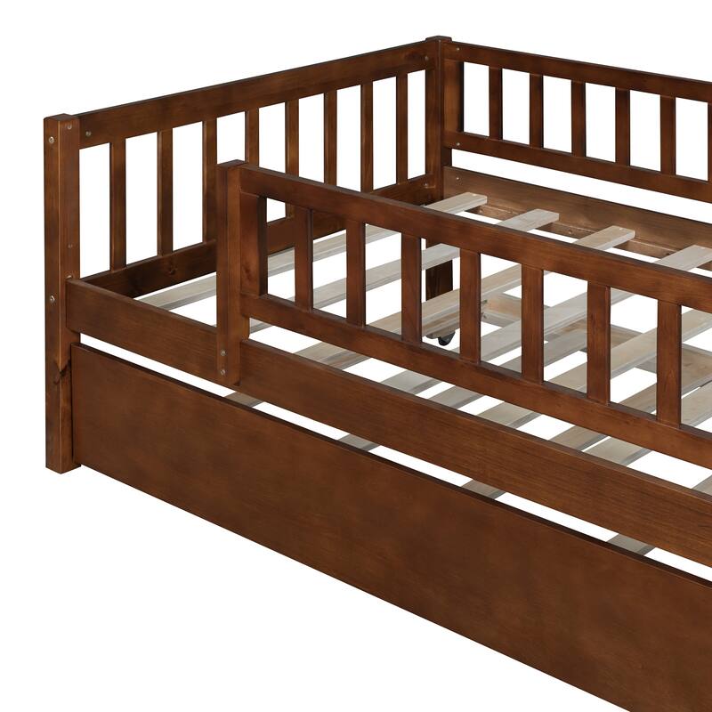 Walnut Wooden Daybed, Twin Sofa Bed with Trundle and Fence Guardrails