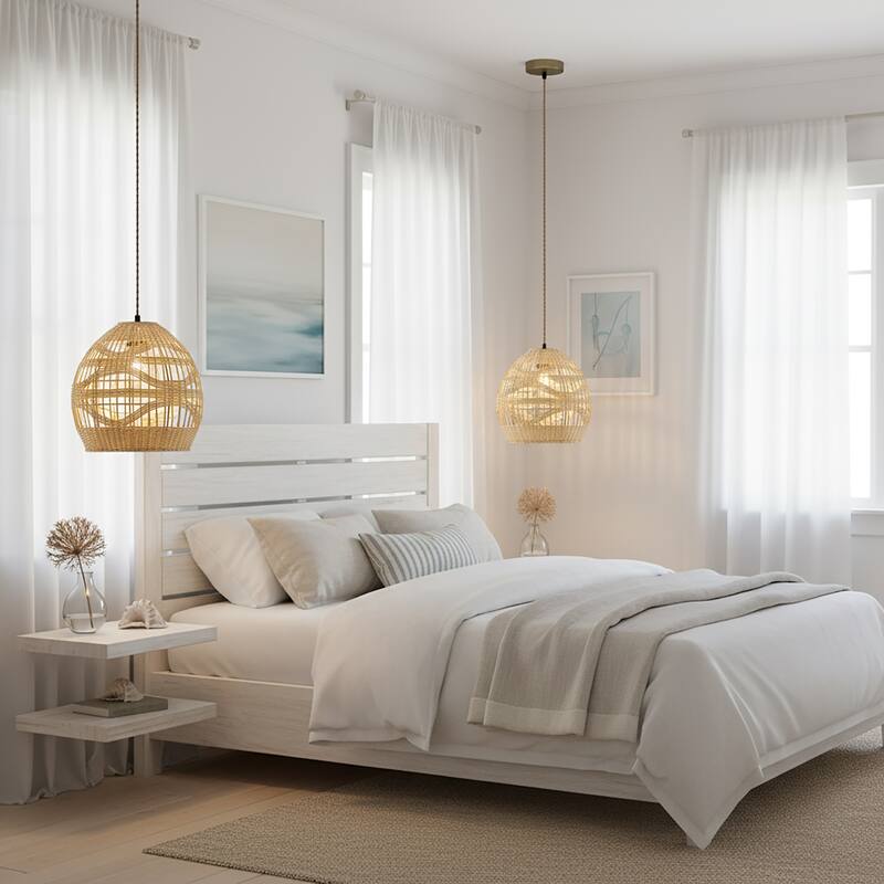 Nala1-Light Rattan Dome Pendant, Coastal Boho - Handwoven - 12" Wide