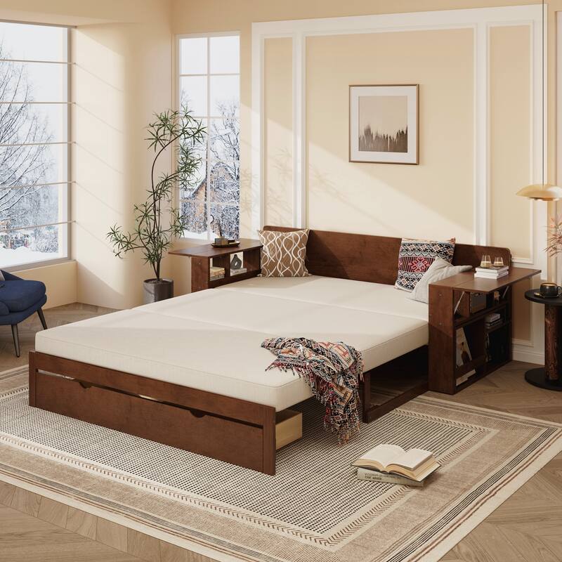 Queen Size Daybed with Removable Desk, Storage Drawers & Hydraulic Side Table - Espresso