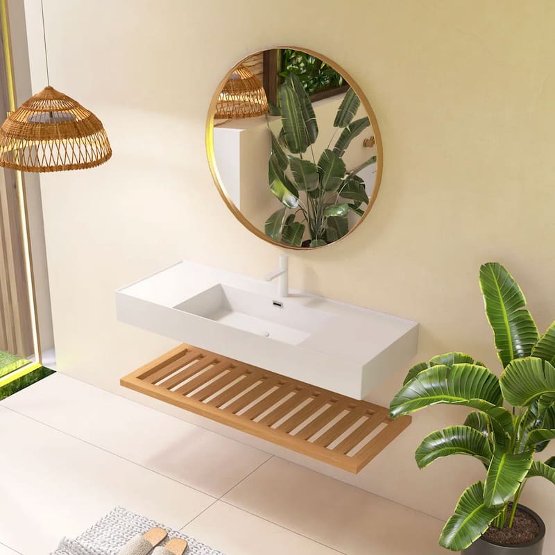 Wall-Mounted Bathroom Vanity in Natural Wood with White Integrated Acrylic Sink