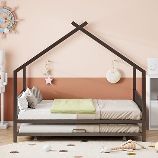 Full Size Metal House Bed with Twin Size Trundle