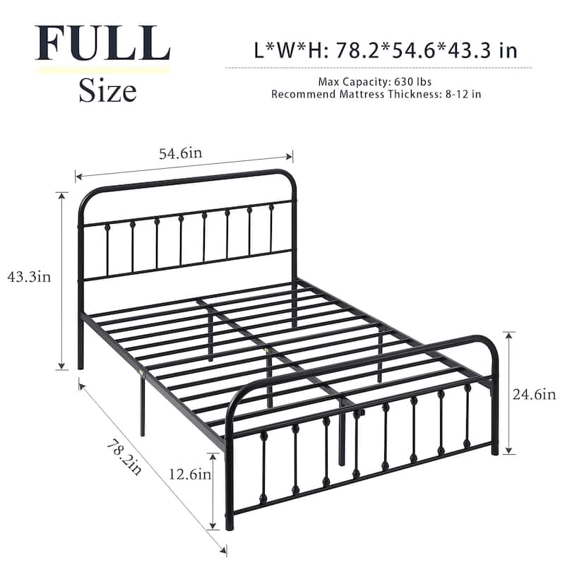 Black Metal Bed Frame with Vintage Headboard and Footboard,No Box Spring Needed,Premium Stable Steel Slat Support,Black