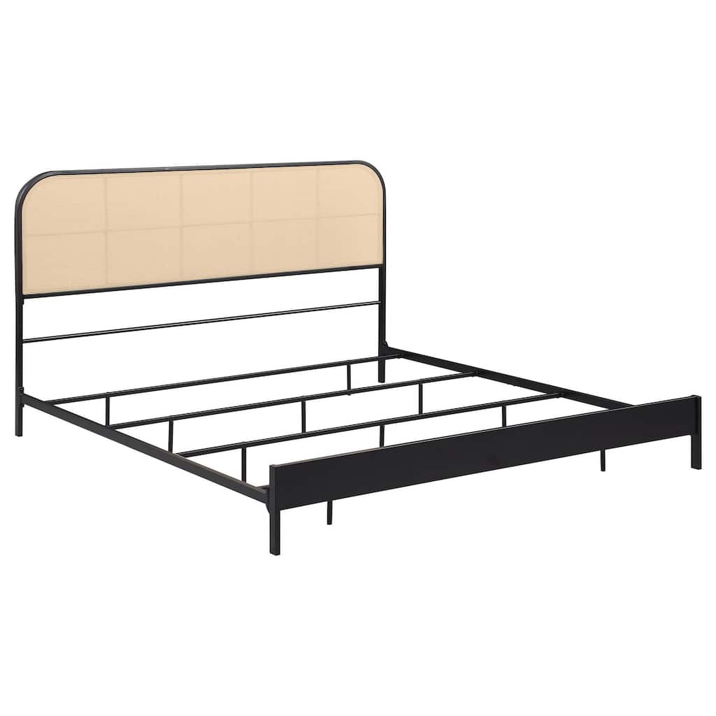 Ammy King Bed, Radio Weave Headboard, Brown Faux Rattan, Black Metal