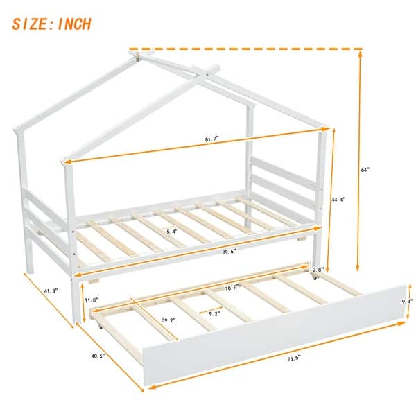 White Twin Size Pine Wood House-Shaped Bed with Trundle and Roof