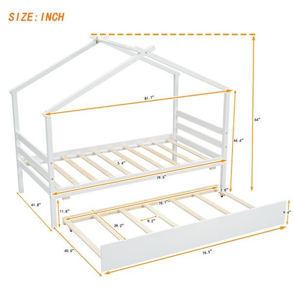White Twin Size Pine Wood House-shaped Bed with Trundle and Roof for Kids, Boys and Girls