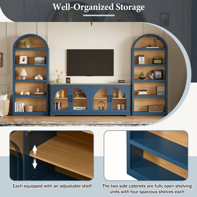 3-Piece Entertainment Center with Bookshelves for TVs up to 70", Retro Wall Unit TV Stand with Glass Doors, Media Console Table