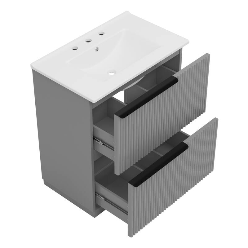 Vertical Grooves Bathroom Cabinet Storage Vanity with Ceramic Sink, Full-Extension Split Drawers and Soft Close Drawer Slides