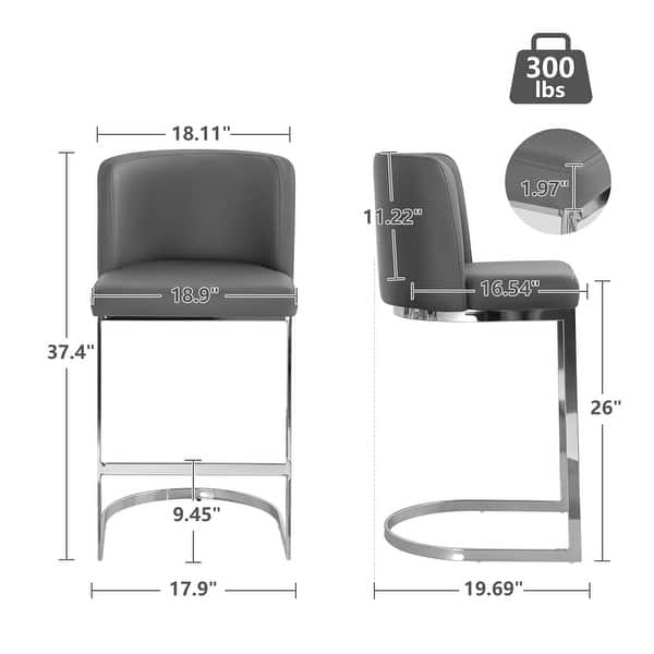 dimension image slide 9 of 13, 26-Inch Modern Upholstered Bar Stools, Counter Height Bar Stool - 18.11"W x 19.69"D x 37.4"H