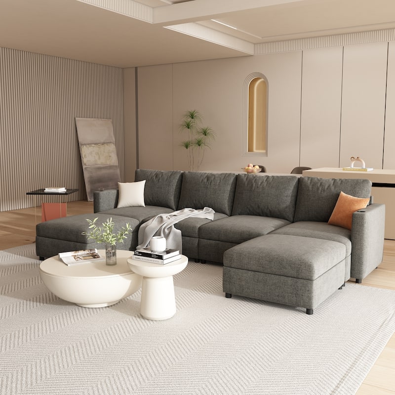 6-Seater Chenille U-Shape Sectional Sofa with Storage and Ottoman,Grey