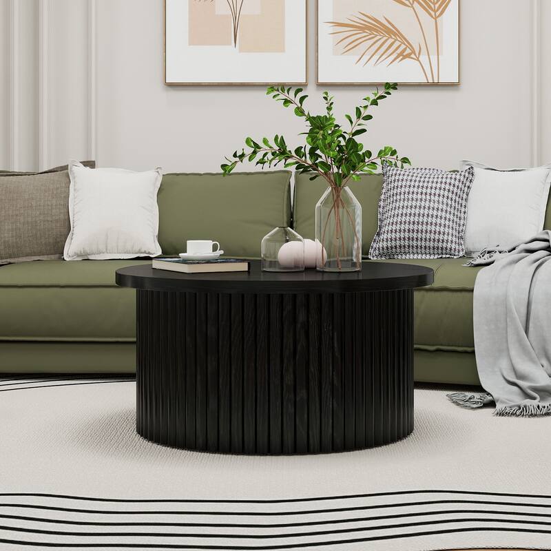 Round Coffee Table with Wood Grain Vertical Stripes, Small Fluted Circle Side Table, Center Table with Adjustable Feet