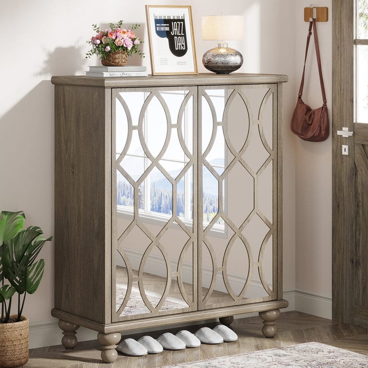 Mirror Shoe Cabinet, 5-Tier Large Wooden Shoe Organizer Cabinet - 31.49" W x 14.17" D x 43.30" H