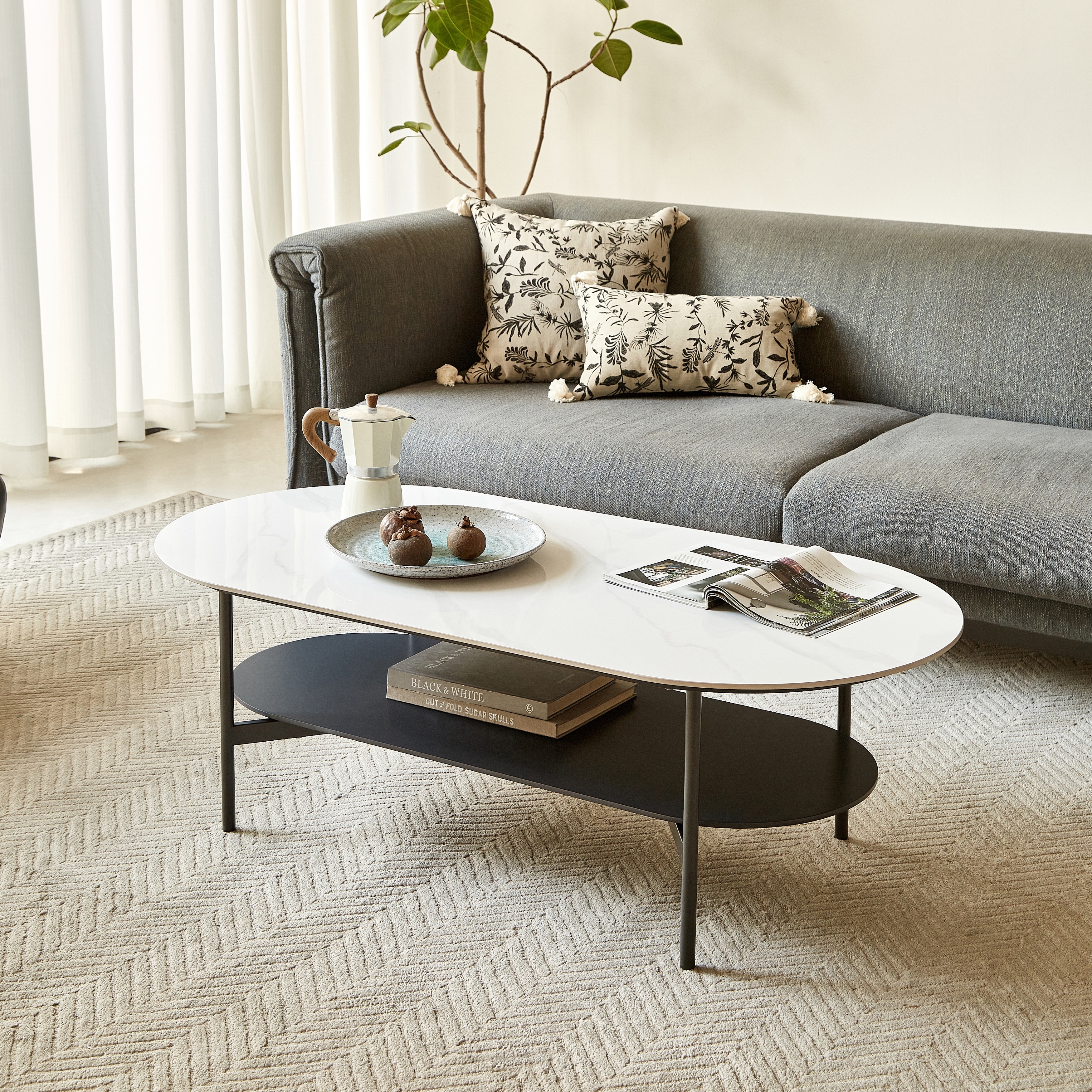 GDFStudio - Belfair Modern Ceramic Top Coffee Table with Wood Shelf