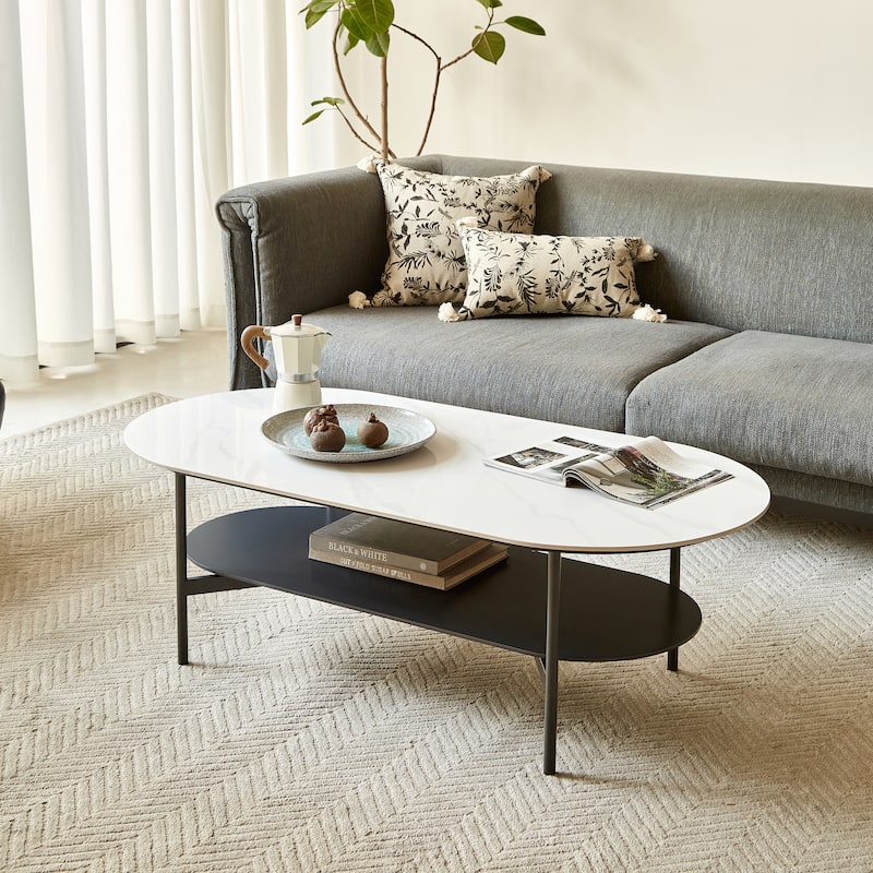 Oval Coffee Table with Bright Sintered Stone Top, 2-Tier Center Table with Metal Frame and Walnut finish Storage Shelf - Gray
