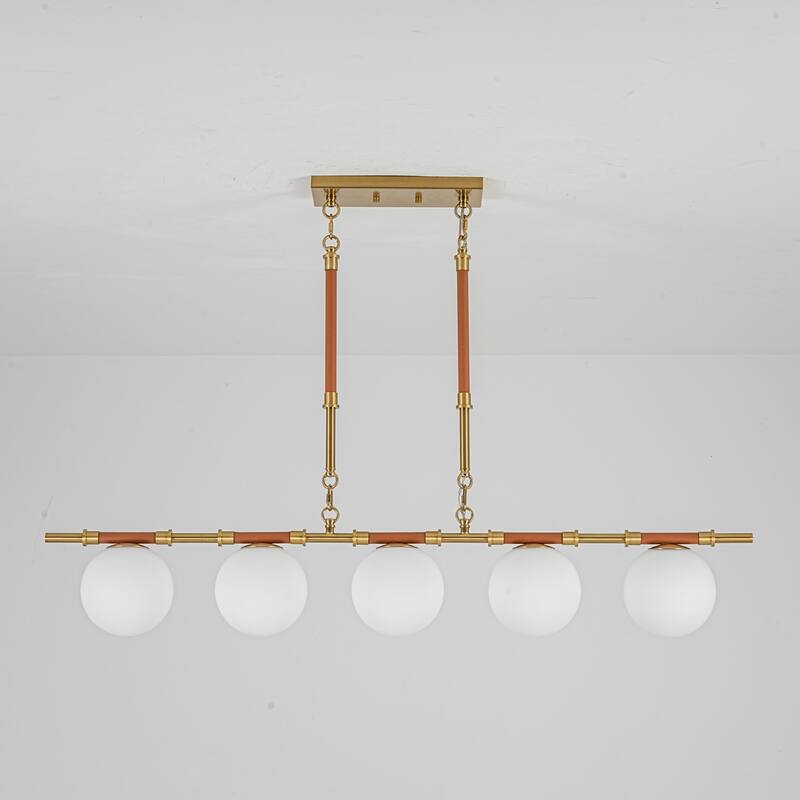 Modern French 5-Light Linear Chandelier in Brushed Brass with Textured Lychee Rods and Opal Globe Shades
