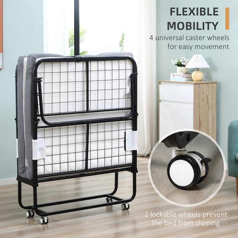 HOMCOM Folding Bed with 4 Inch Mattress, Portable Foldable Guest Bed with Sturdy Metal Frame on Wheels