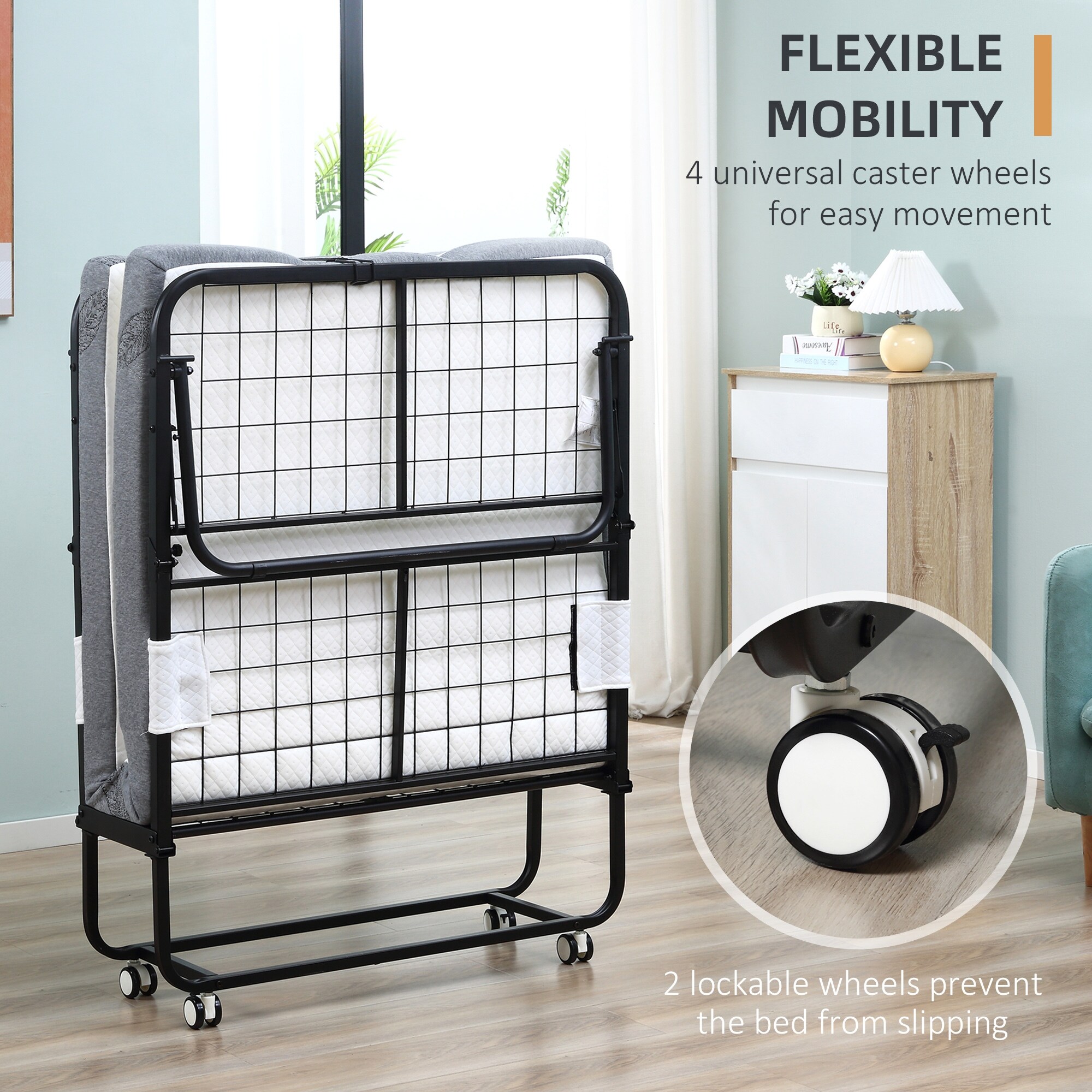 DUJAHMLAND Portable Folding Guest Bed With Mattress – Twin Roll Away Bed On Wheels, Gray
