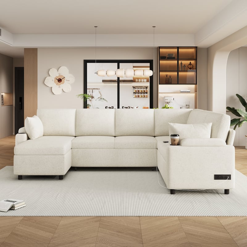 Roomfitters U-Shaped Sectional Sleeper Sofa with Storage, USB Ports and Cup Holders, Convertible Bed for Living Room