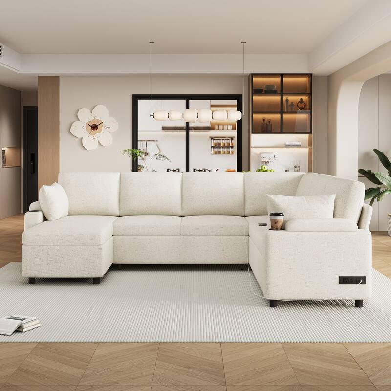 U-Shaped Chenille Sectional Sofa with Storage Chaise Lounge, Convertible Sleeper Sofa Bed with Cup Holders & Charging Ports