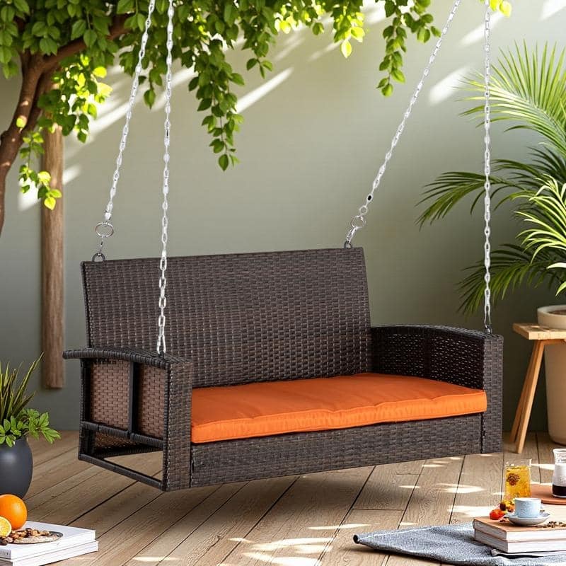 Wicker Hanging Swing Bench with Cushions and Outdoor 2-Person Porch Chair (550lb Capacity)