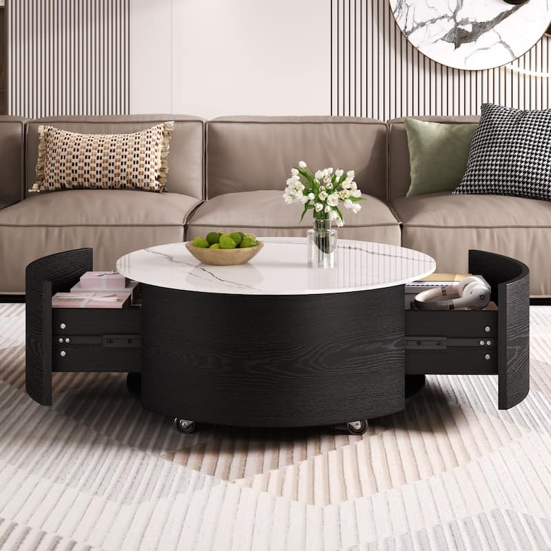 Modern Round Coffee Table with Casters, 2-Drawer Mobile Table with Marble Pattern Sintered Stone Top - Black
