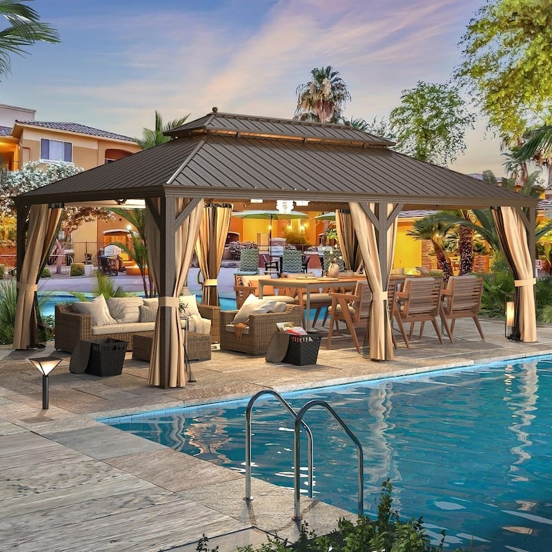Erommy Hardtop Gazebo with Aluminum Frame and Double Roof, Permanent Outdoor Gazebo Includes Curtains&Netting for Patio Backyard